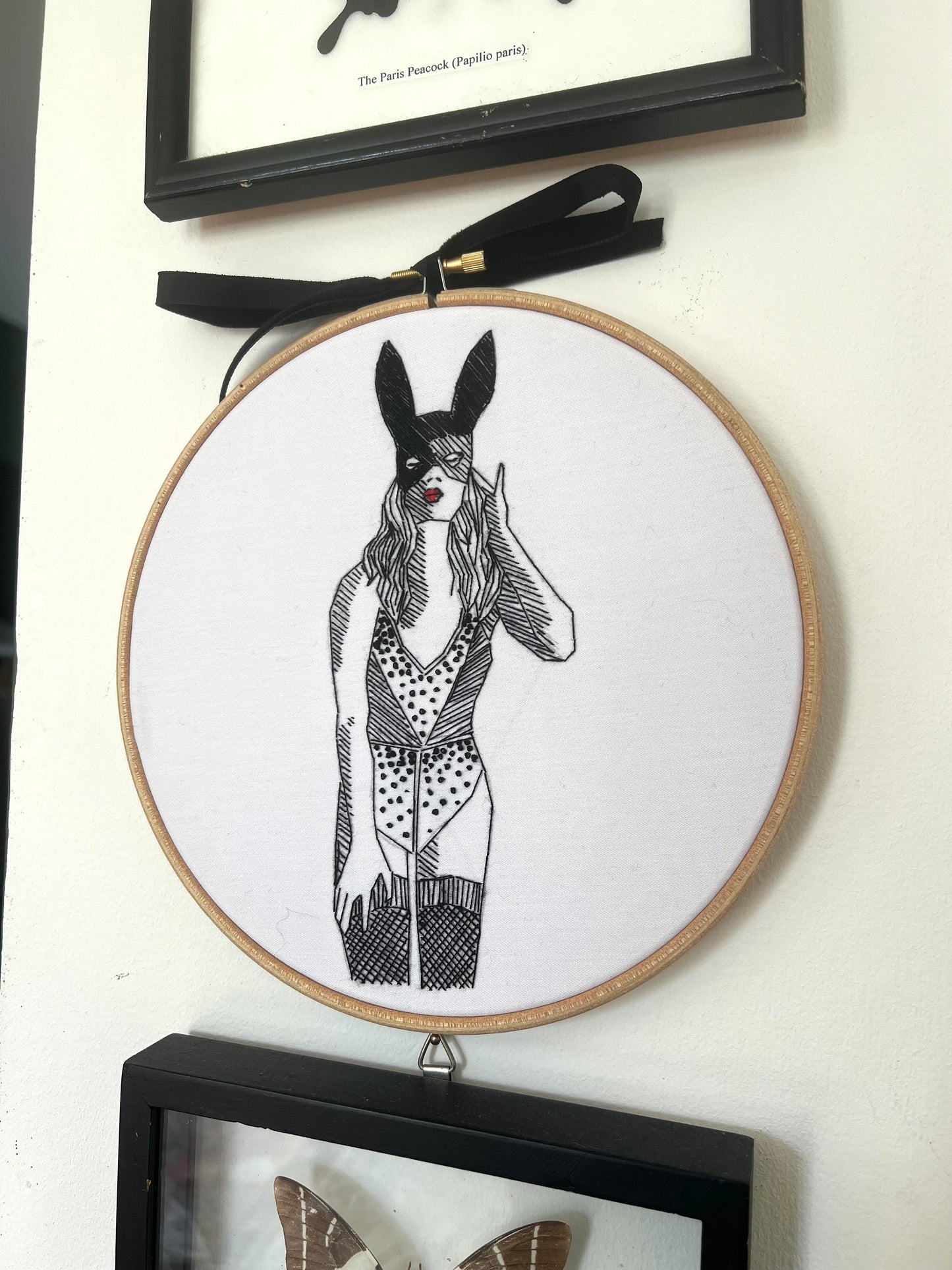 beginners completed embroidery kit using black and white cotton on wall interior