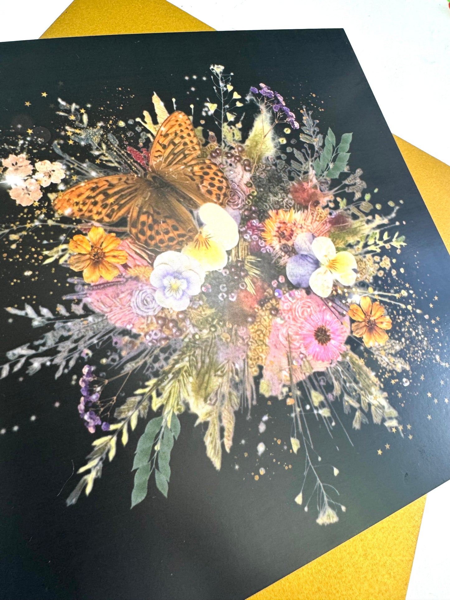 Floral Burst in Black Greeting Card