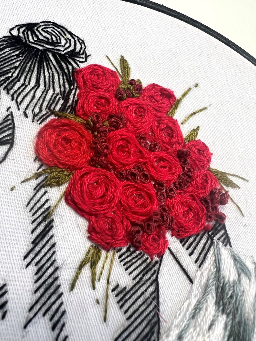close up detail of rose embroidery pattern