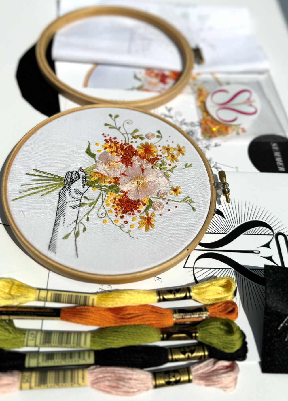 orange, cream, yellow, brown DMC threads with beginners embroidery kit