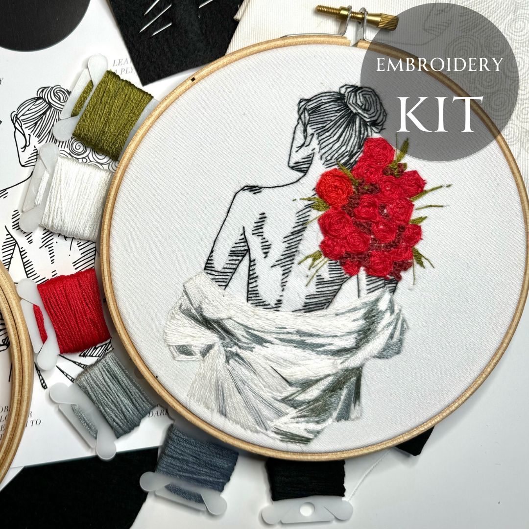 embroidery kit with red rose stitch