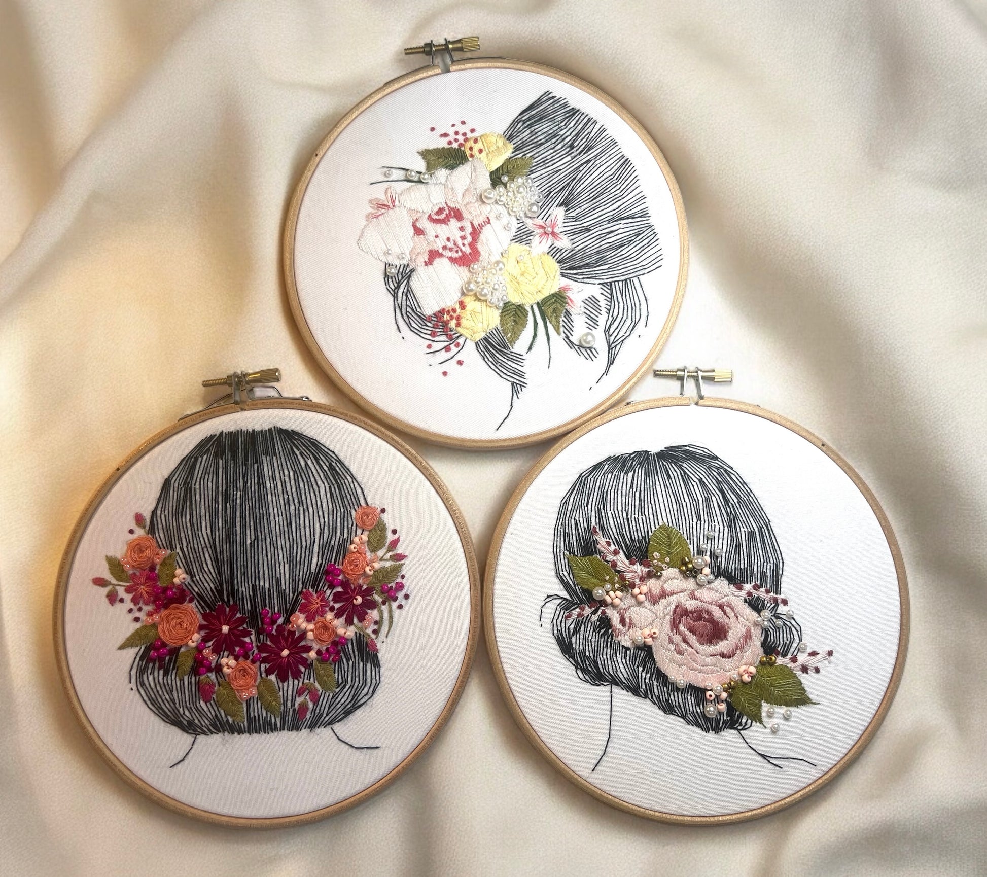 embroidery pattern bundle suitable for beginners including 3 different PDFs with back stitch, straight stitich rose stitch and french knot  against fabric background 