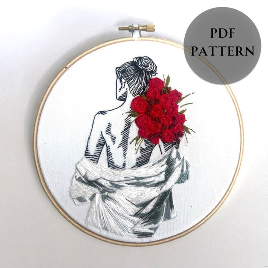 embroidery pattern for beginners with white shirt detail and red roses in rose stitch with green DMC thread detail