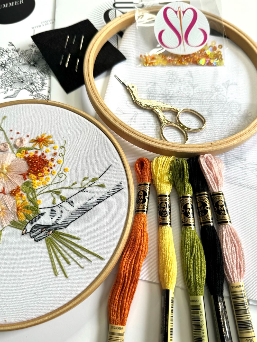 beginners embroidery kit with supplies detail