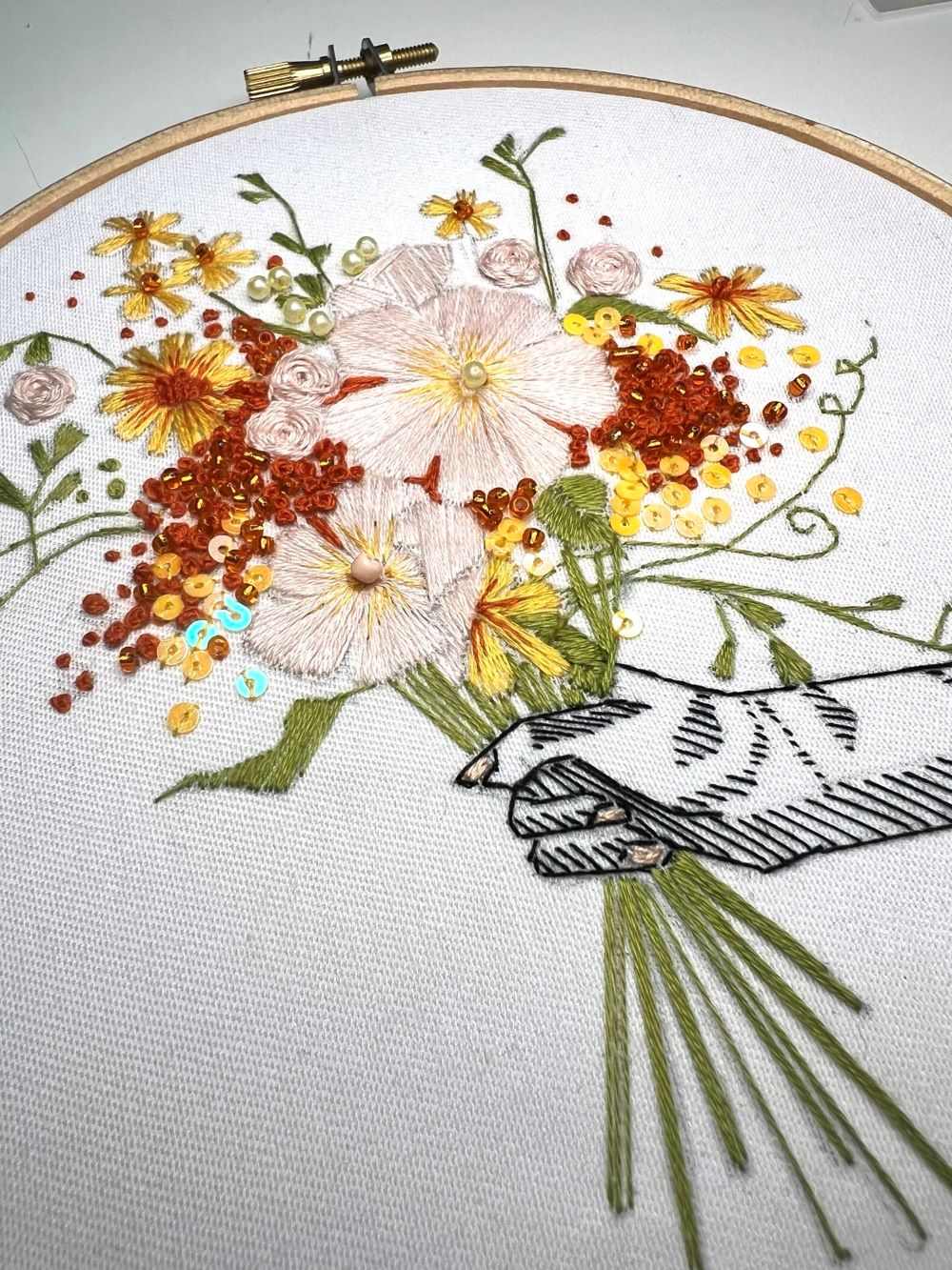 close up of summer floral PDF pattern with beads and pearl detail 