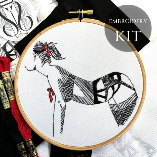embroidery kit with black and red DMC thread
