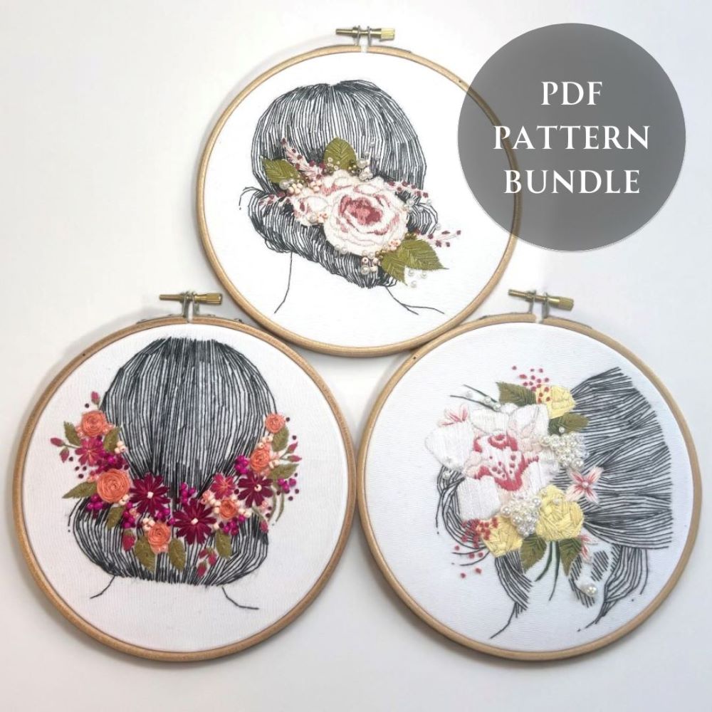 embroidery pattern bundle suitable for beginners including 3 different PDFs with back stitch, straight stitich rose stitch and french knot 