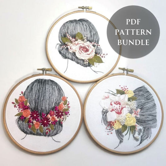 embroidery pattern bundle suitable for beginners including 3 different PDFs with back stitch, straight stitich rose stitch and french knot 