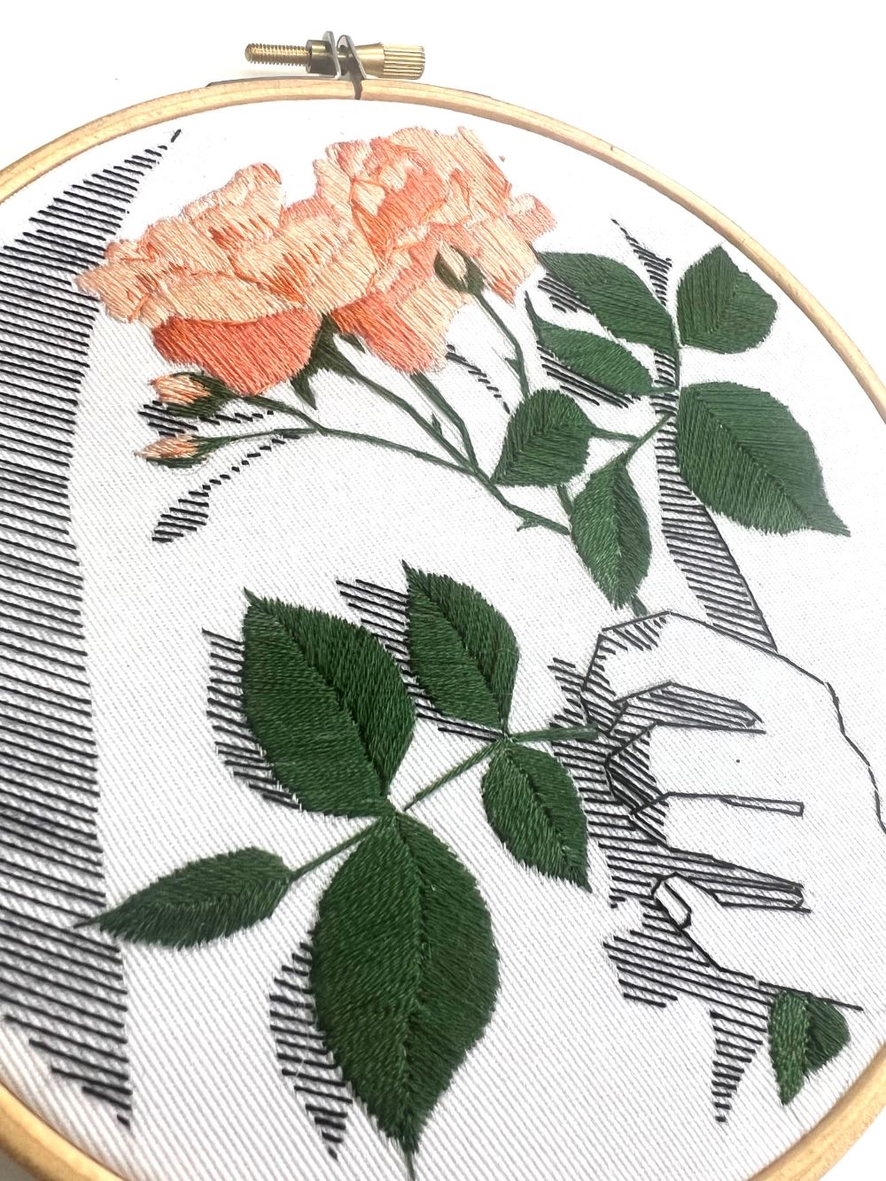 close up detail of embroidery pattern PDf with floral detail in satin stitch and back stitch