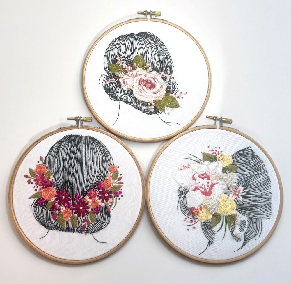 embroidery pattern bundle suitable for beginners including 3 different PDFs with back stitch, straight stitch rose stitch and french knot 