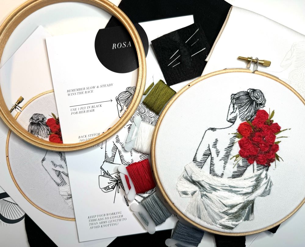 beginner-friendly needlepoint kit with hoop and instructions